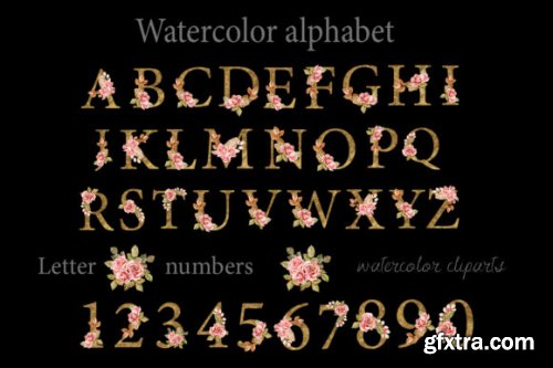 Boho Roses and Gold Alphabet Clipart