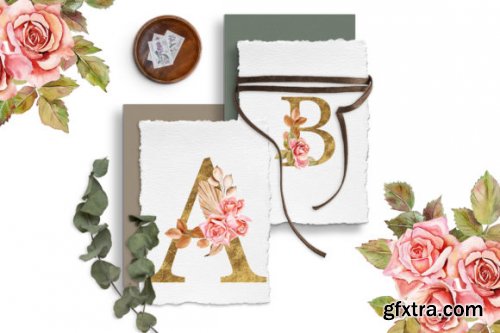 Boho Roses and Gold Alphabet Clipart