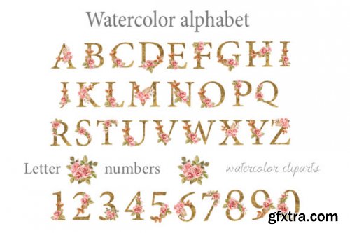 Boho Roses and Gold Alphabet Clipart