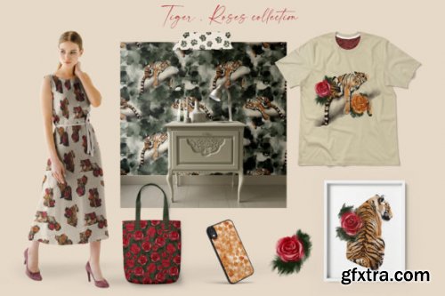 CreativeMarket - Tigers & Roses watercolor collection 6941142