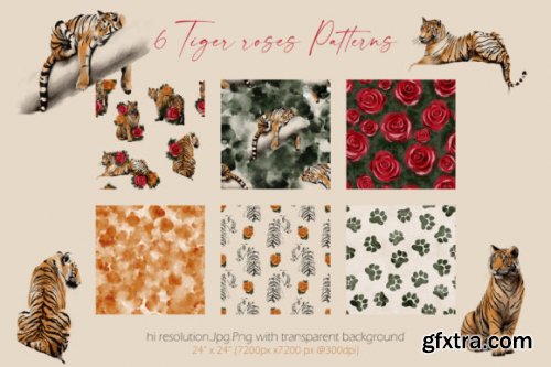 CreativeMarket - Tigers & Roses watercolor collection 6941142