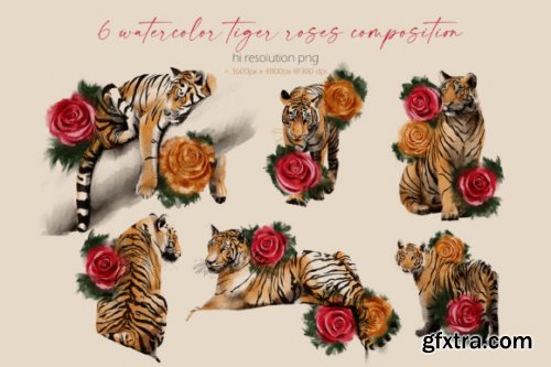 CreativeMarket - Tigers & Roses watercolor collection 6941142