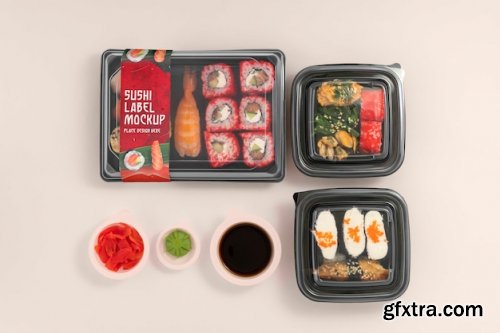 Plastic asian food packaging with sushi label mock-up