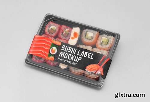 Plastic asian food packaging with sushi label mock-up