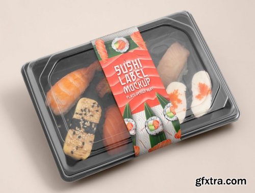 Plastic asian food packaging with sushi label mock-up