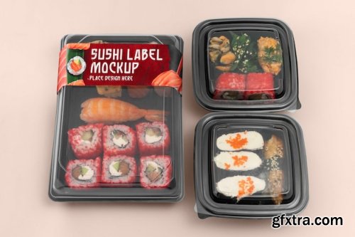 Plastic asian food packaging with sushi label mock-up