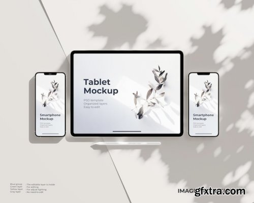 Perspective tablet and smartphone with stylus pen mockup