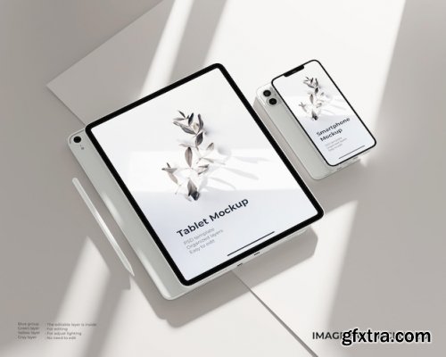 Perspective tablet and smartphone with stylus pen mockup