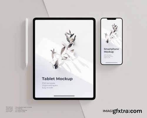 Perspective tablet and smartphone with stylus pen mockup