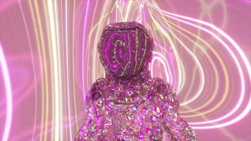 Videohive - An Astronaut in a Diamond Suit Walks Against the Backdrop of Pink and Yellow Glowing Neon Lines - 37520665 - 37520665