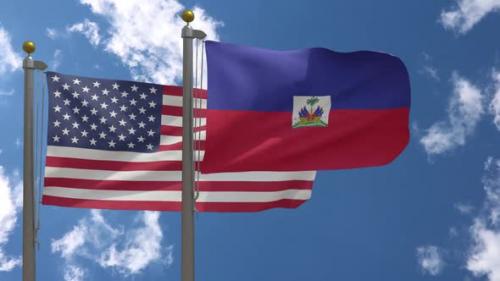 Videohive - Usa Flag Vs Haiti Flag On Flagpole - 37752929 - 37752929