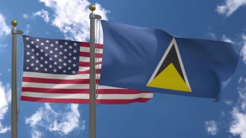 Videohive - Usa Flag Vs Saint Lucia Flag On Flagpole - 37752940 - 37752940