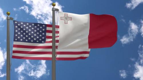 Videohive - Usa Flag Vs Malta Flag On Flagpole - 37752955 - 37752955