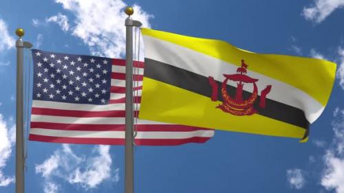 Videohive - Usa Flag Vs Brunei Flag On Flagpole - 37752957 - 37752957