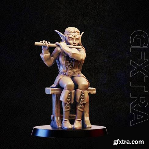  3D Print Model Bard elf on bench with flute