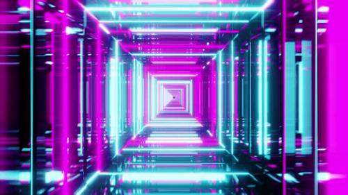 Videohive - 3d Animation. Endless abstract futuristic tunnel with multicolored neon lights. Endless square tunne - 37849028 - 37849028