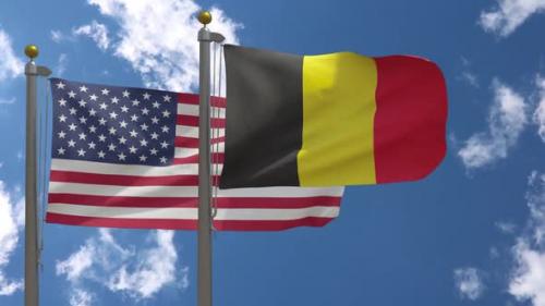 Videohive - Usa Flag Vs Belgium Flag On Flagpole - 37752947 - 37752947