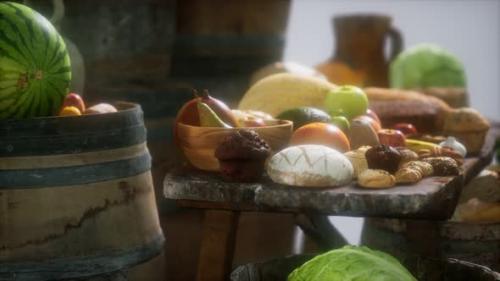 Videohive - Food Table with Wine Barrels and Some Fruits Vegetables and Bread - 37805387 - 37805387