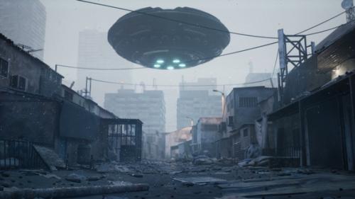 Videohive - A Flying Saucer Flies Over A Deserted City - 37912241 - 37912241