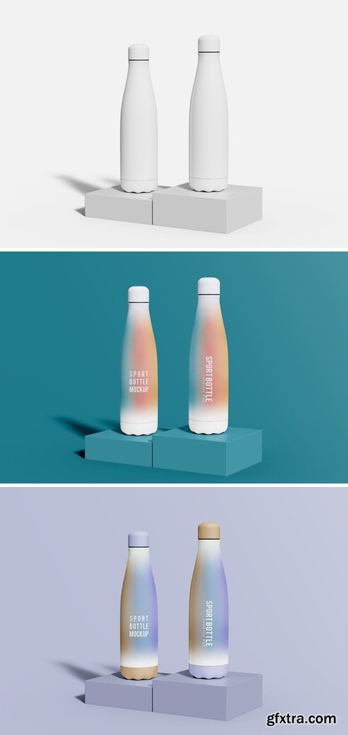 Stainless Steel Water Bottles on Podiums Mockup XA3XKQA