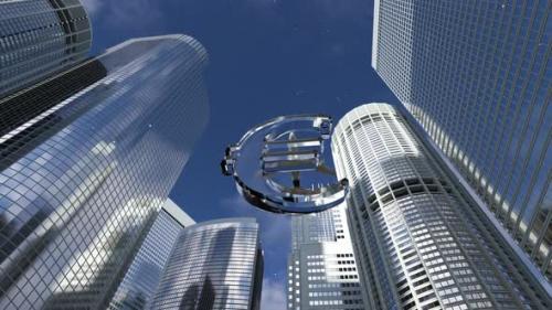 Videohive - crystal Euro sign against a background of tall mirrored buildings and an airplane - 37969100 - 37969100