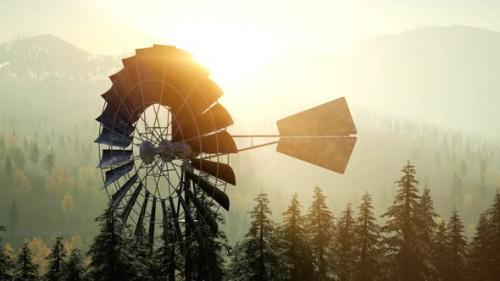 Videohive - Typical Old Windmill Turbine in Forest at Sunset - 37964622 - 37964622