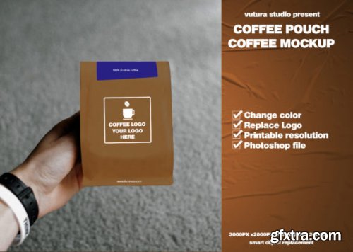  Brown Coffee Pouch Mockup with Hand