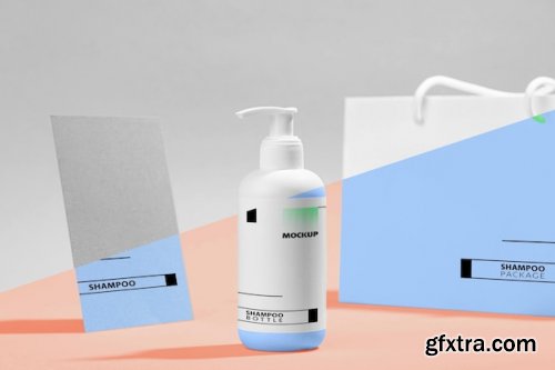 Mockup of shampoo bottles and a promotional booklet