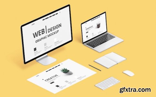 Web design mockup graphic studio desk isometric 