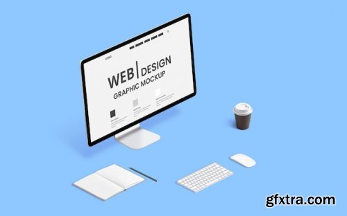 Web design mockup graphic studio desk isometric 