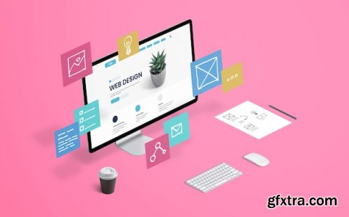 Web design mockup graphic studio desk isometric 