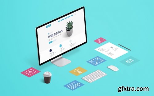 Web design mockup graphic studio desk isometric 