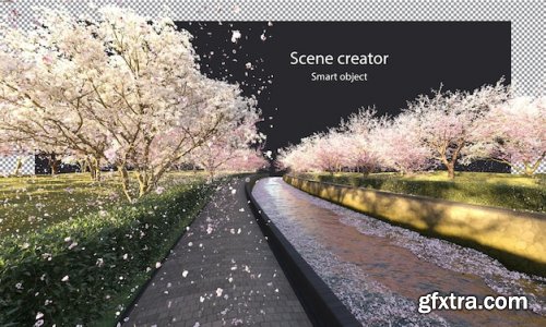 Sakura trees along a river clipping path cherry blossom trees