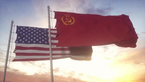 Videohive - URSS Soviet Union and United States Flag Waving at Wind at Sunset - 38023314 - 38023314