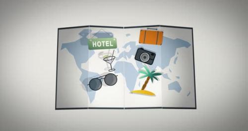 Videohive - Fold world map with vacation icons popping out. Digital animation on white and black background isol - 38027514 - 38027514