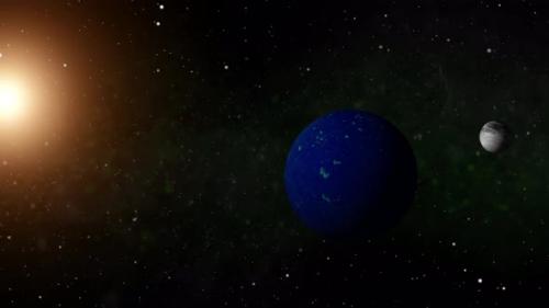 Videohive - Space travel to a mostly water planet with a pale moon and yellow sun and green nebula in the backgr - 38027691 - 38027691