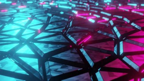 Videohive - 3D pulsing neon graphics render with reflections on cyber futuristic geometric shapes for digital ba - 38028462 - 38028462