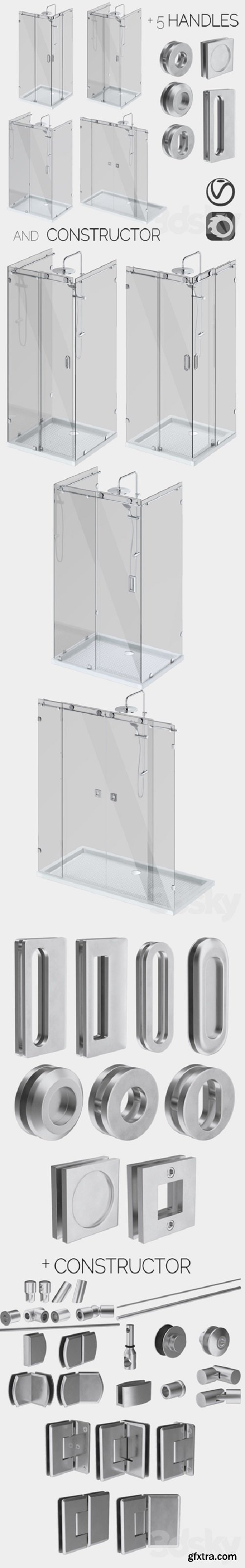 Sliding glass shower cabins, designer and handle set