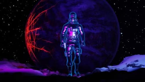 Videohive - A neon astronaut walks the planet. Looped animation 02 - 38189305 - 38189305