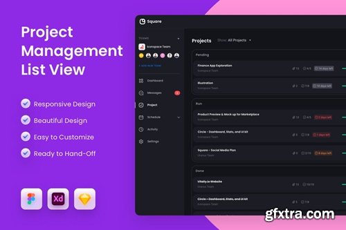 Dark Responsive List Project Management App UI Kit 2LD49UA