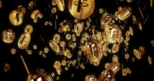 Videohive - Tether USDT stablecoin cryptocurrency flying between golden coins loop - 38337334 - 38337334