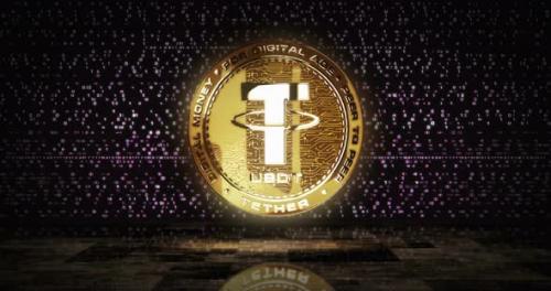 Videohive - Tether USDT stablecoin cryptocurrency golden coin loop on digital screen - 38337379 - 38337379