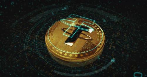 Videohive - Tether USDT stablecoin cryptocurrency golden coin loop on digital screen - 38368784 - 38368784