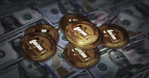 Videohive - Tether USDT stablecoin cryptocurrency coin over Dollar banknotes - 38381505 - 38381505