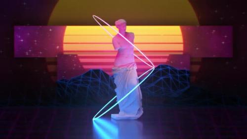 Videohive - Statues on Sunset Background, Vaporwave Aesthetics 4K - 38402349 - 38402349