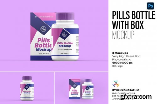 CreativeMarket - Pills Bottle with Box Mockup 8 views 7323572