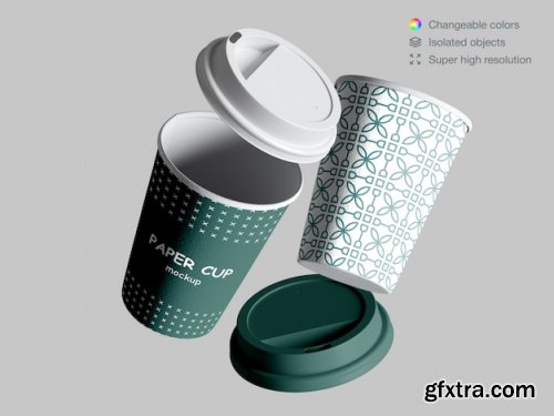 Realistic floating paper cups mockup