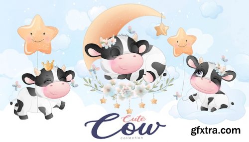 Cute doodle cow with floral set with watercolor illustration