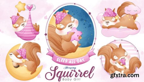 Cute doodle squirrel baby shower with watercolor illustration