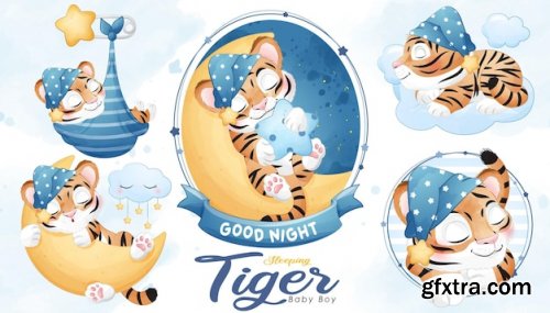 Cute doodle tiger baby shower with watercolor illustration set 